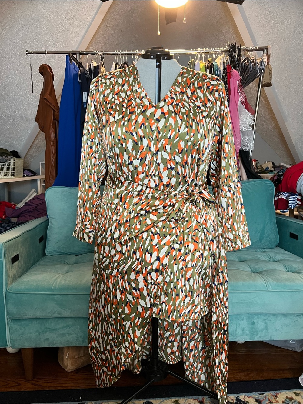 Eloquii Abstract Print Wrap Dress in Olive, Orange & White